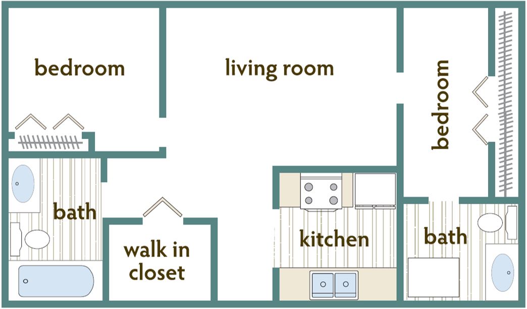 Floor plan for 2 beds, 2 baths, 1080 sqft